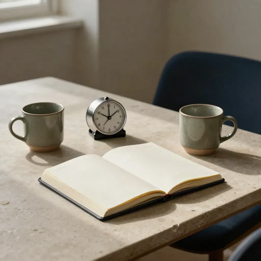 Planner, timer, two mugs and chair edge on pale stone in late-day haze.