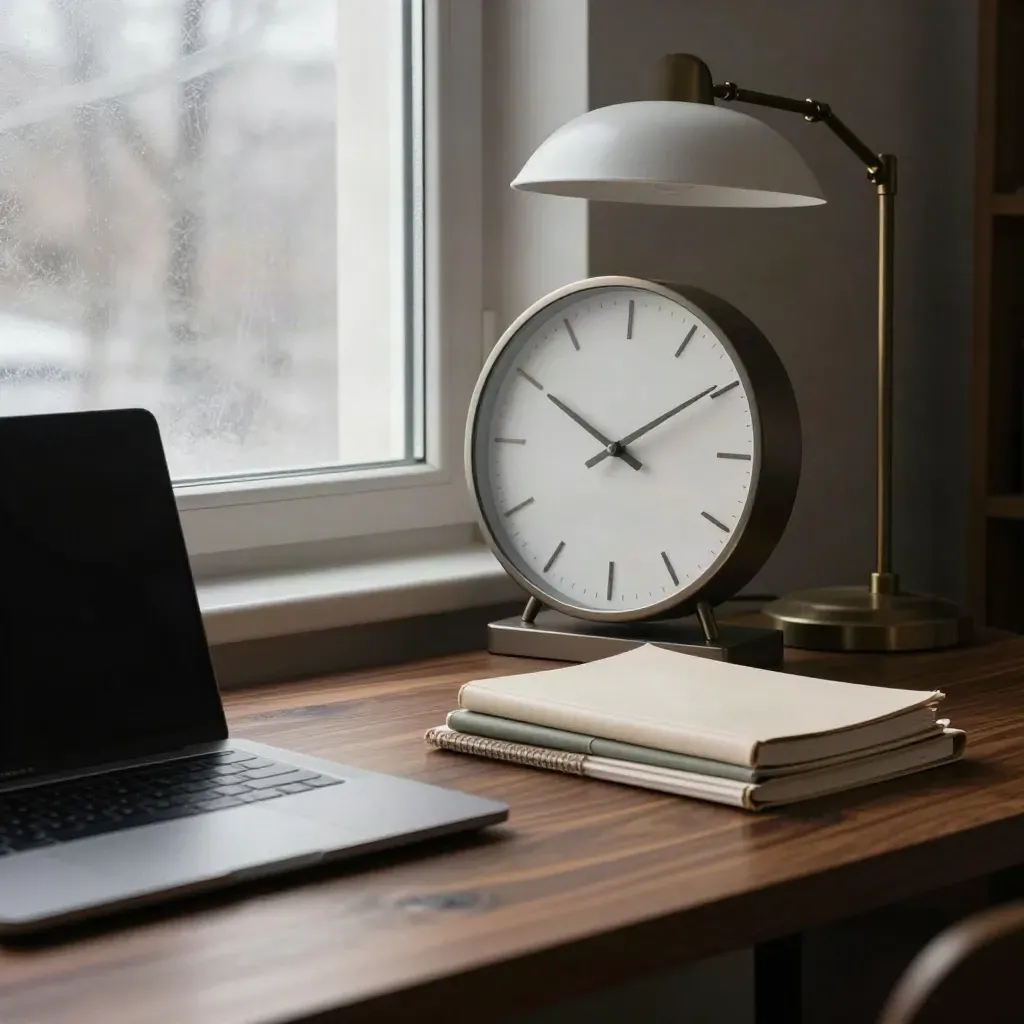 Dark office corner with wall clock, lamp, closed laptop and notebooks beside a winter window.