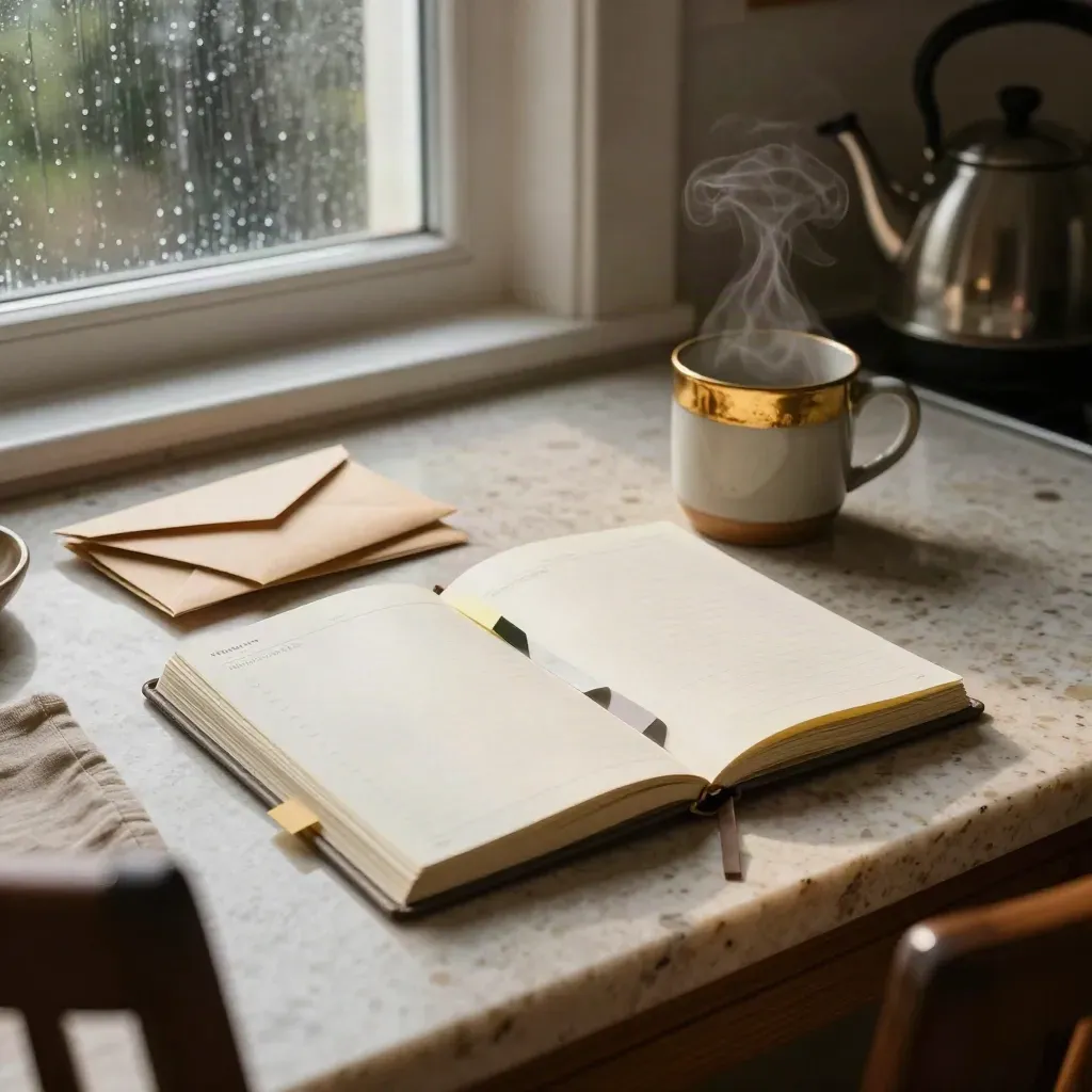 Steaming planner, sticky tabs, mug and face-down mail on a travertine kitchen table at dawn.