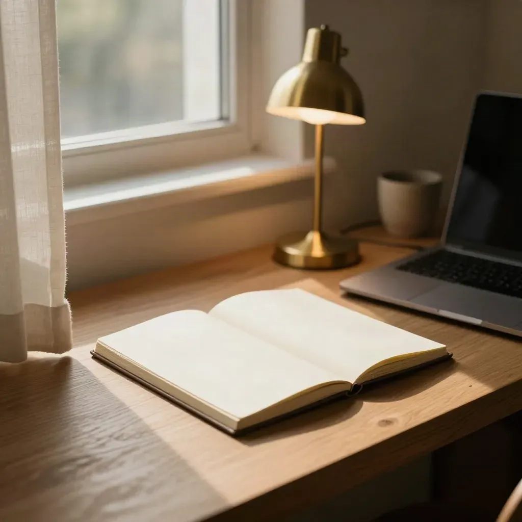 Morning desk with a lamp, closed laptop, blank notebook, and sunlit window edge.