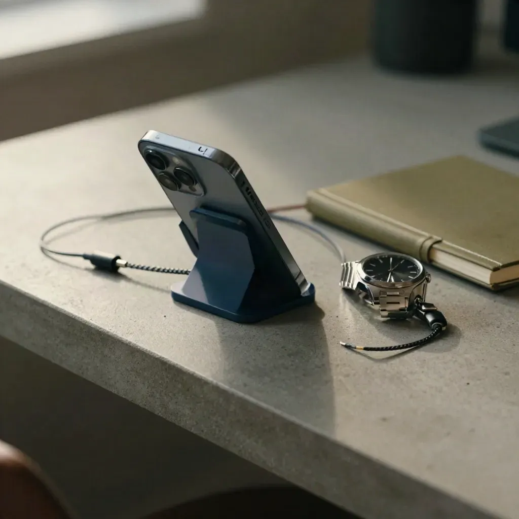 Smartphone on a stand beside a watch and charger on a concrete desk in warm afternoon light.