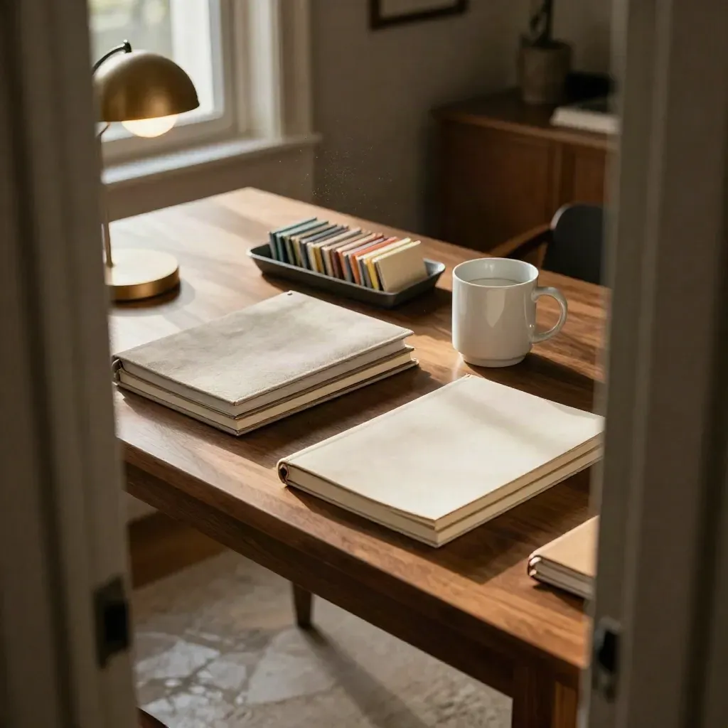 Eye-level doorway view of a tidy Friday workspace with a closed folder, notebook stack and coffee ring.