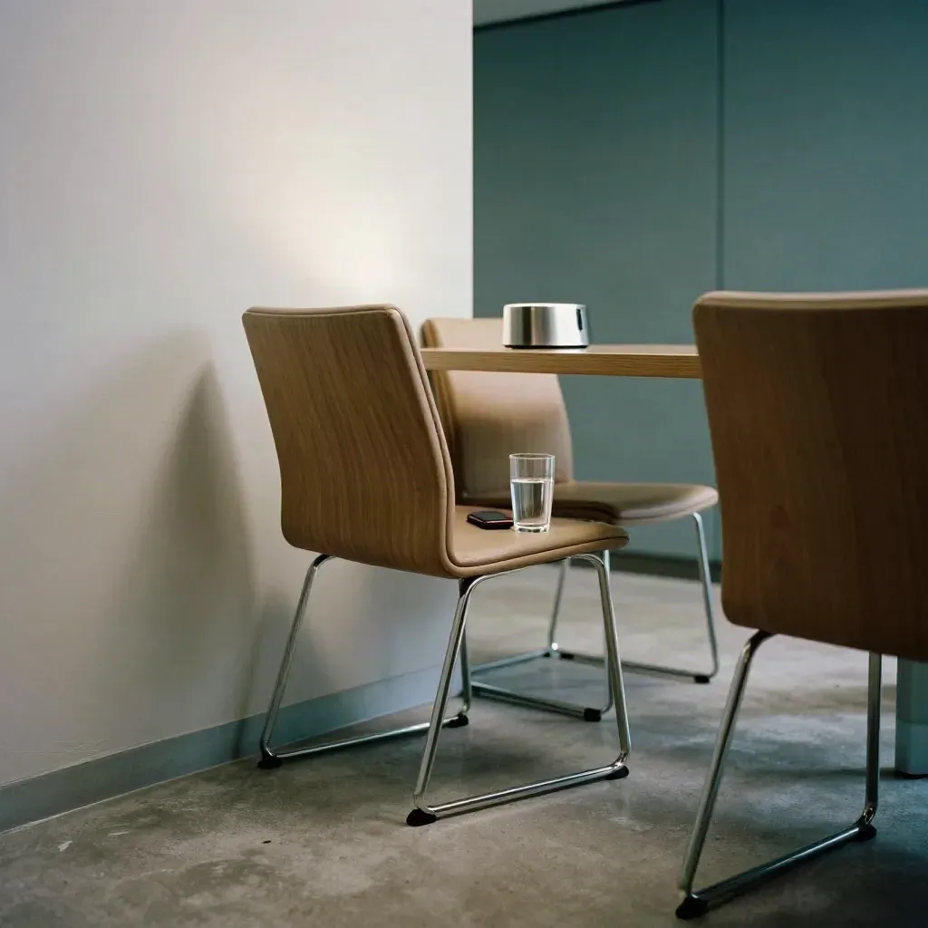 Low corner view of an empty conference room with chairs, timer, water glass, and face-down phone.