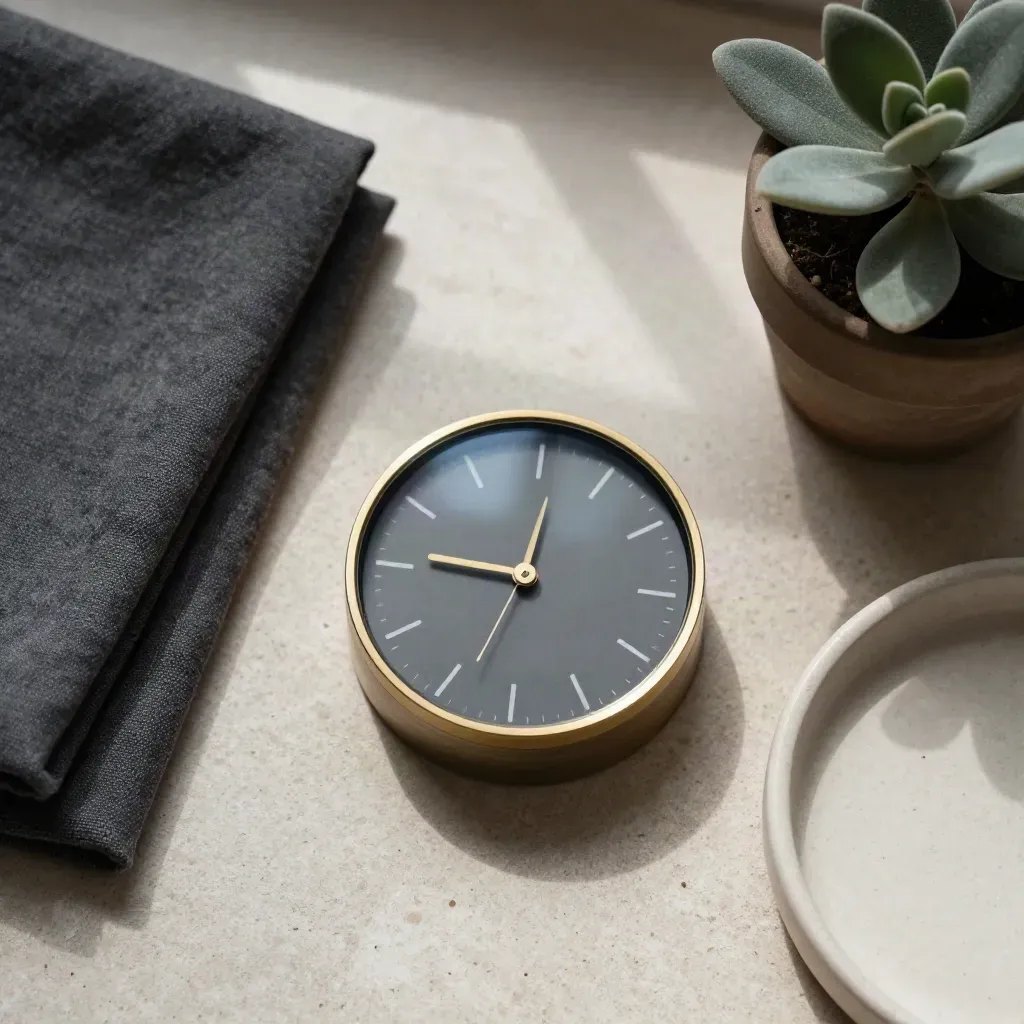Overhead flatlay of a metal timer, charcoal linen, tiny plant and dish on pale stone.