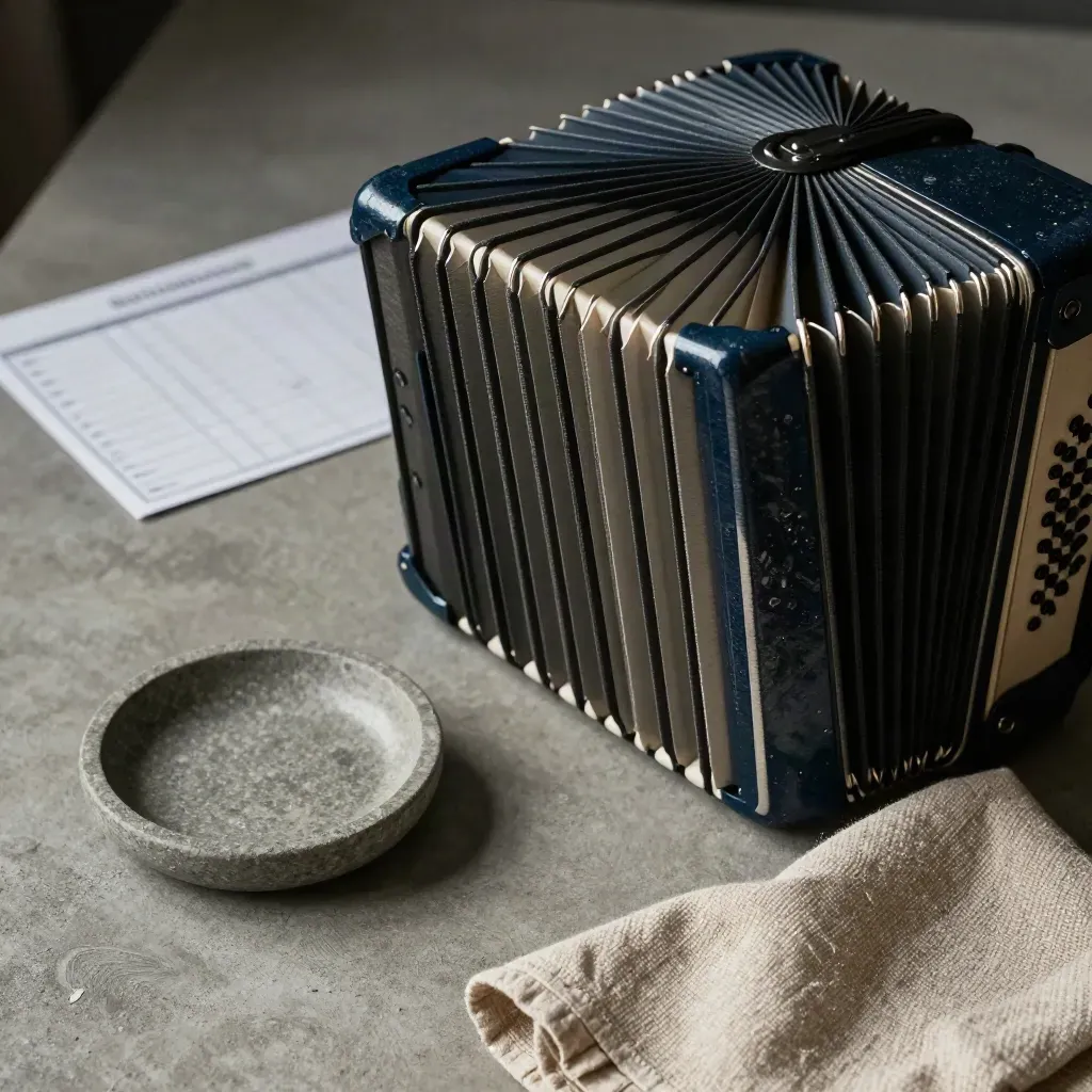 Accordion file, stone dish, and oat cloth on a concrete desk in soft side light.