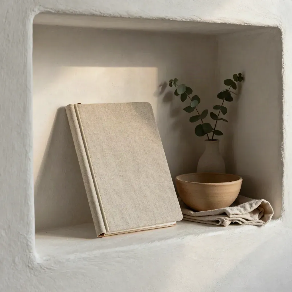 Linen habit notebook, clay bowl, cloth and stem in a plaster wall niche with muted teal accent.