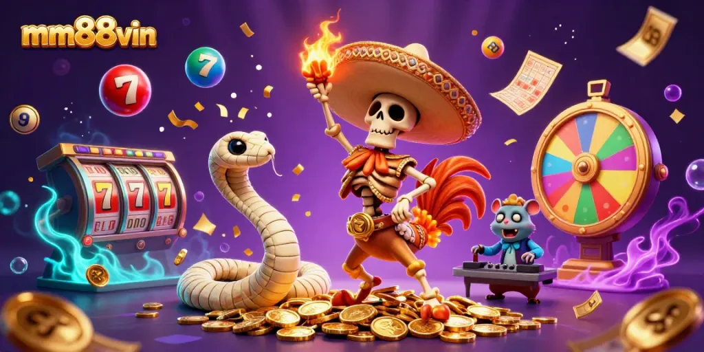 Experience thrilling winning moments with mm88vin's vibrant casino scene featuring lively characters and gaming elements.