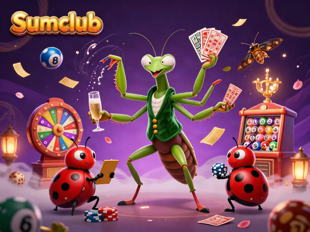 Engage in the excitement of Sumclub as a giant praying mantis card sharp deals cards and pours champagne in a vivid casino scene.