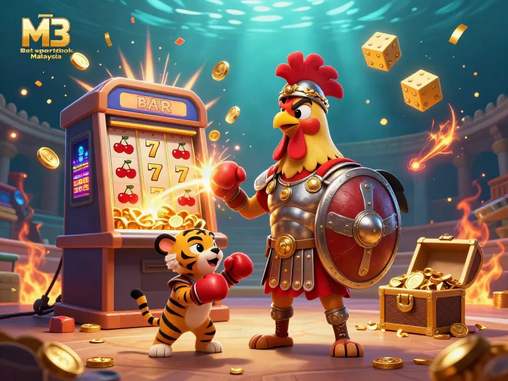 Experience the excitement at M3 Bet sportsbook Malaysia with this vibrant 3D illustration featuring a rooster gladiator and casino elements.