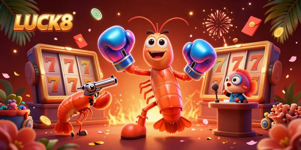 LUCK8 enhances the gaming thrill with a dynamic 3D illustration showcasing vibrant casino scenes and iconic game symbols.