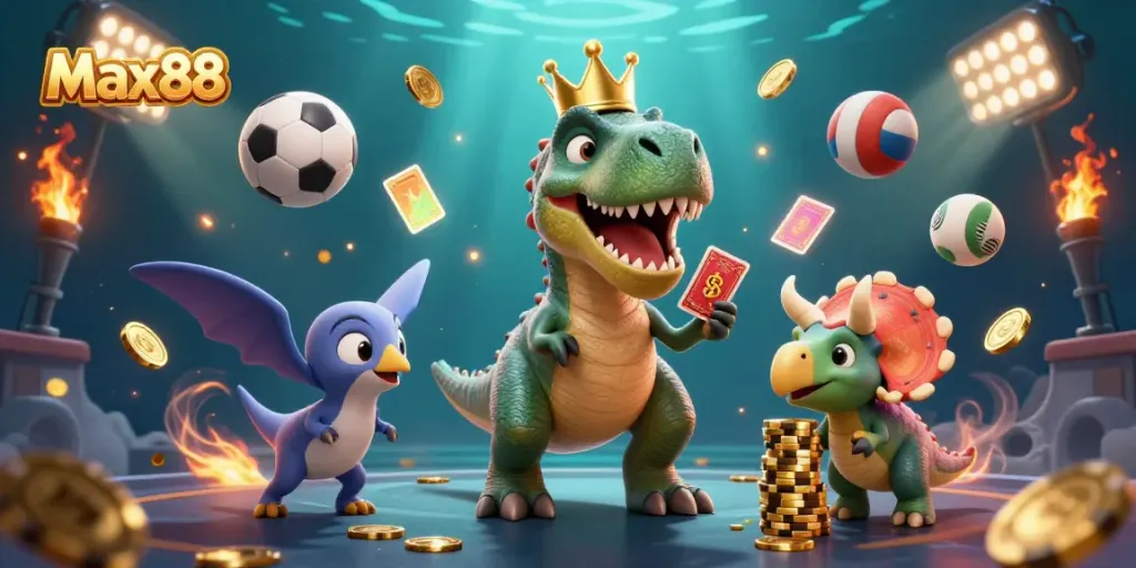 Max88 cartoon characters engaging in gambling with vibrant sports elements and golden enhancements.