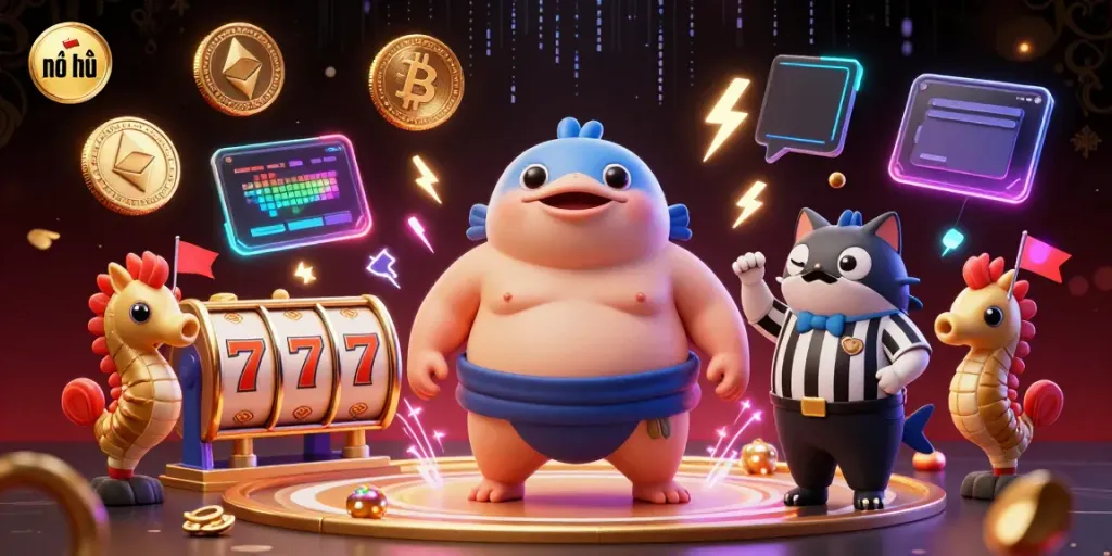 Engage with nổ hũ in an underwater casino scene showcasing thrilling slot reels and dynamic action.
