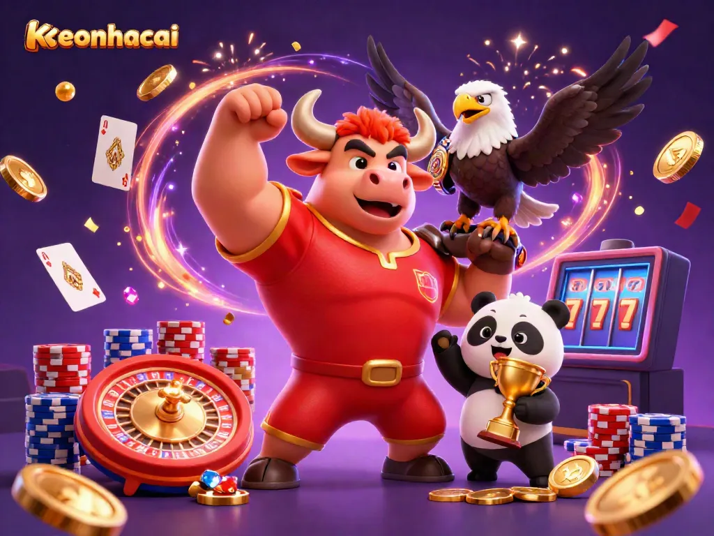 Engage with keonhacai's casino excitement featuring iconic characters, vibrant gaming elements, and celebratory details.