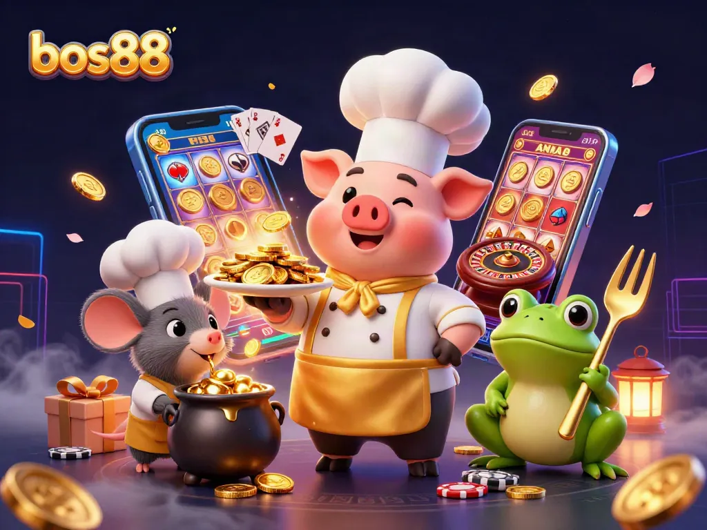 Engage in thrilling gameplay with bos88 as a 3D chef pig serves gold coins amidst vibrant gambling elements.