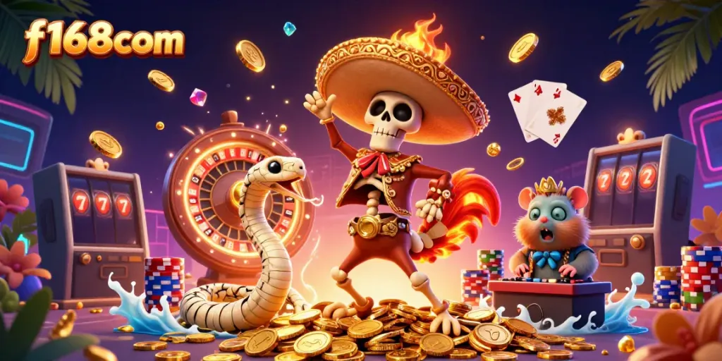 Experience the thrill of f168com with a dynamic illustration showcasing casino excitement, including animated characters and riches.