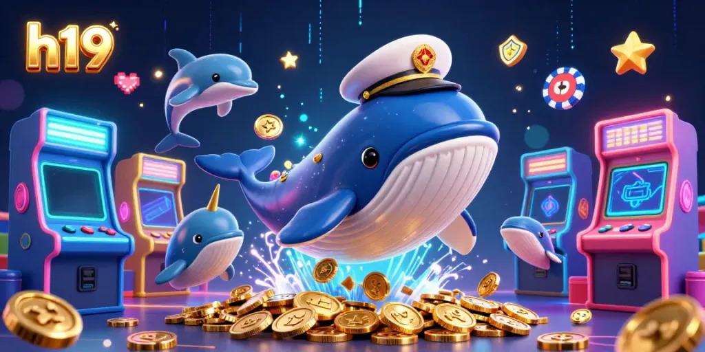 Experience the excitement of h19 with a vibrant 3D scene of casino creatures amid a treasure of coins.