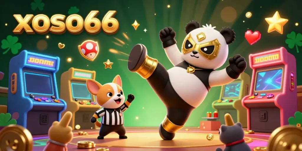 Experience thrilling action at xoso66, where a panda in a lucha libre mask flies into a kick while crowds cheer with foam fingers.
