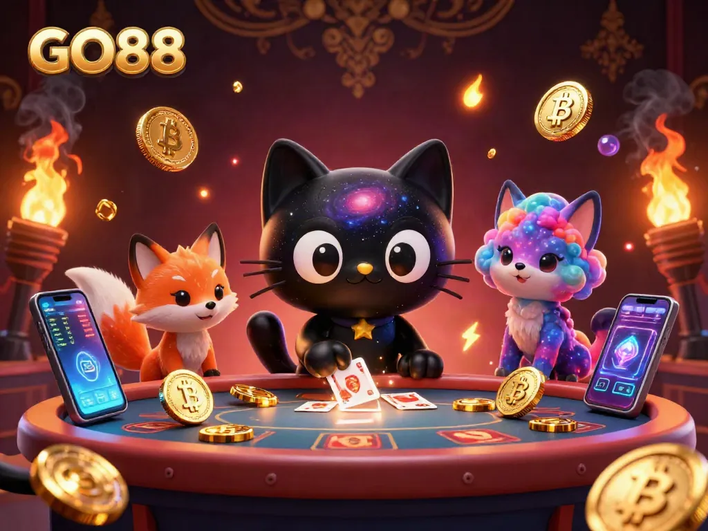 Engage with GO88's cosmic casino experience featuring dynamic cat and fox characters.