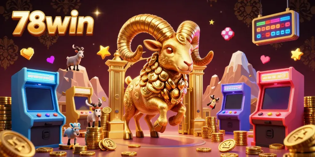 Engage in thrilling gaming adventures with 78win's vibrant casino scene featuring a golden ram and arcade elements.