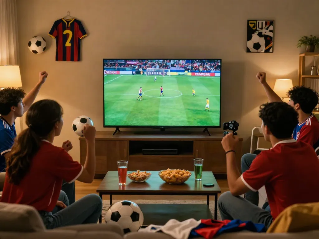 SOCOLIVE viewers celebrating a thrilling soccer match in a cozy living room.