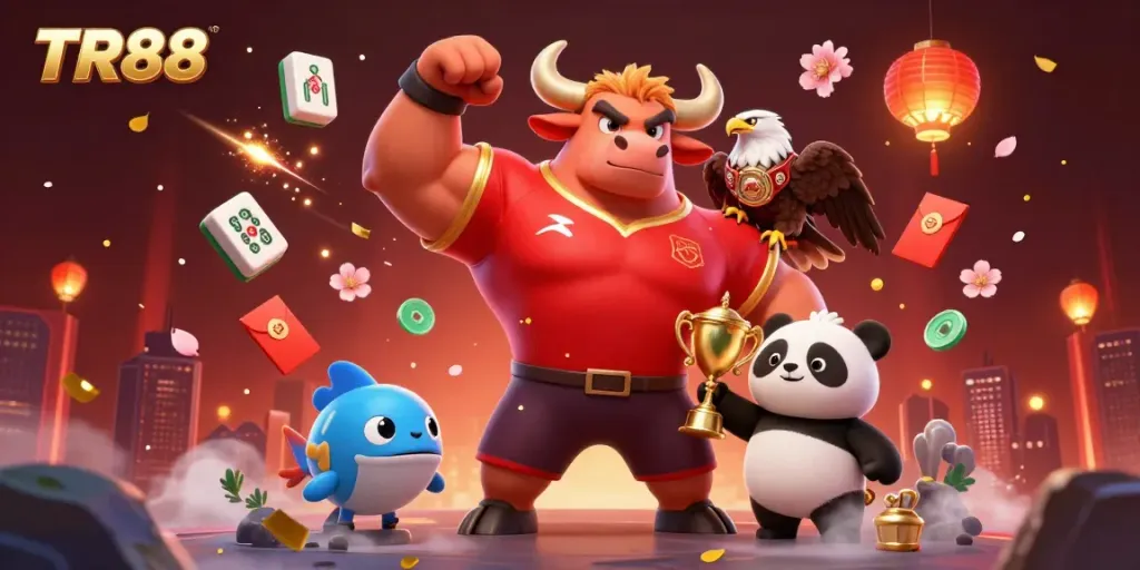 Experience TR88 with exciting underwater fish shooting adventures alongside a victory-pose bull mascot.