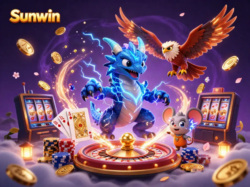 Join the exhilarating action at Sunwin with dynamic gaming elements and vibrant characters, showcasing a thrilling casino experience.
