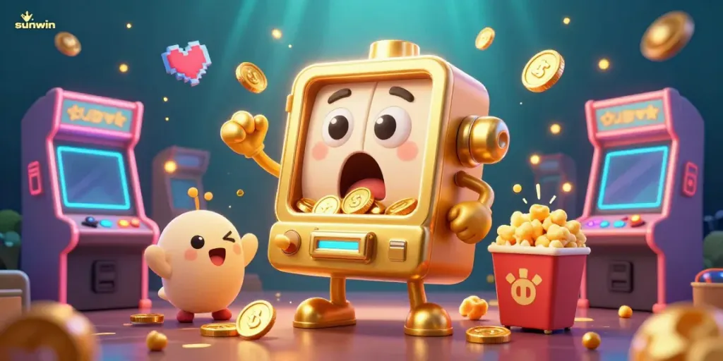 Experience the excitement with Sunwin's 3D slot machine hitting a jackpot surrounded by cheering machines.