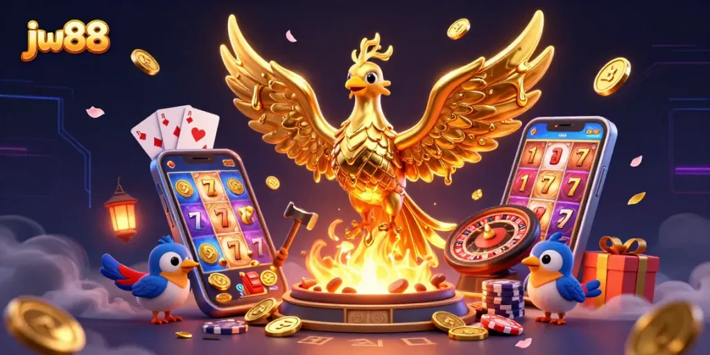 Spin and win big at jw88's vibrant gaming scene with a golden phoenix and slot games!