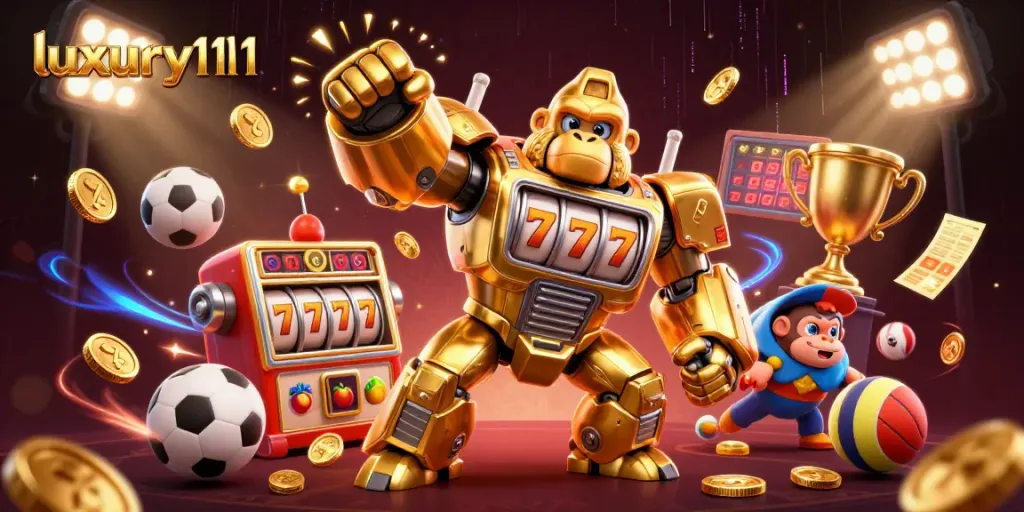 Experience the excitement of luxury111 with a dynamic 3D scene featuring a golden gorilla mech and vibrant casino elements.