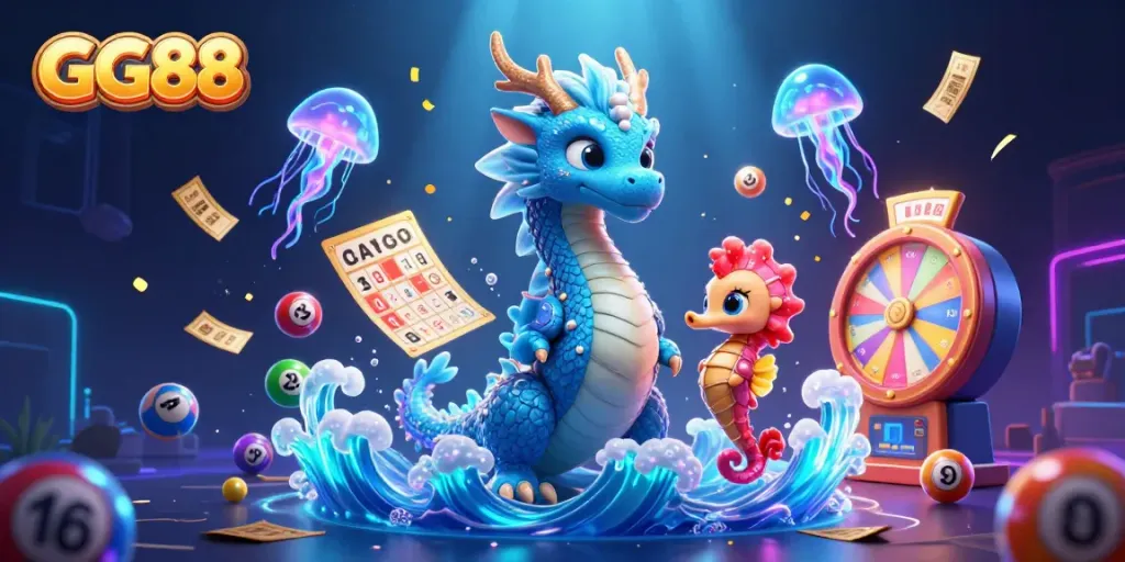 Engaging 3D illustration showcasing GG88 with vibrant casino elements like colorful lottery balls and prize wheels.