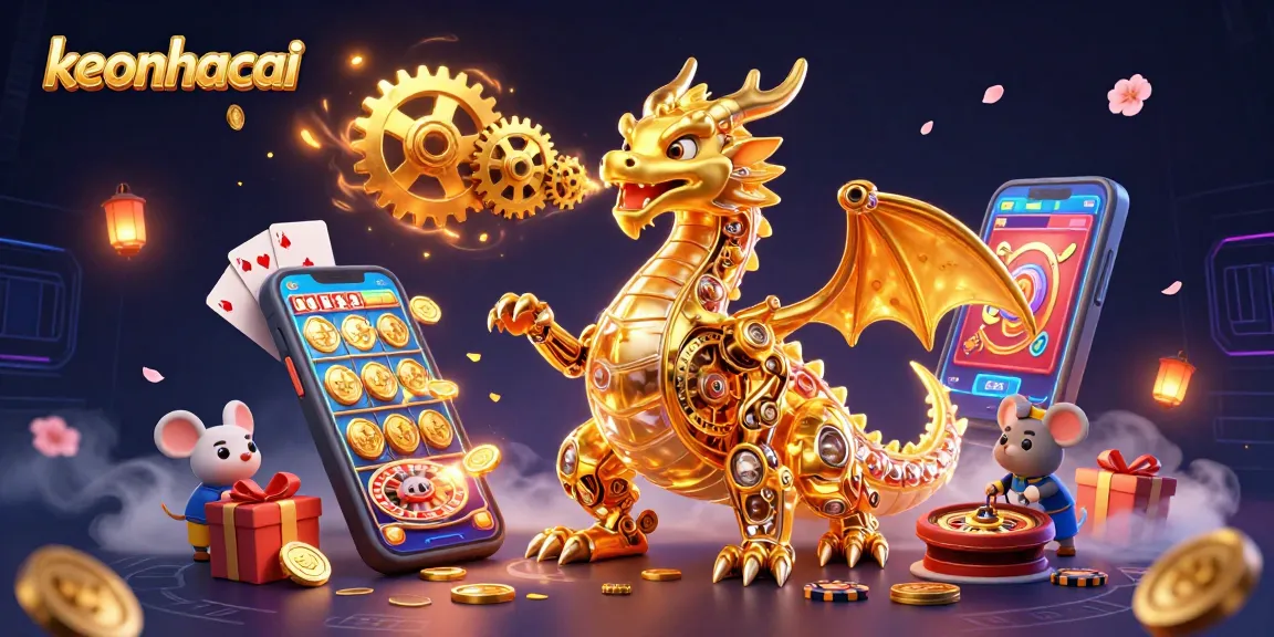 Experience keonhacai with a golden dragon breathing gears in a dynamic casino illustration.