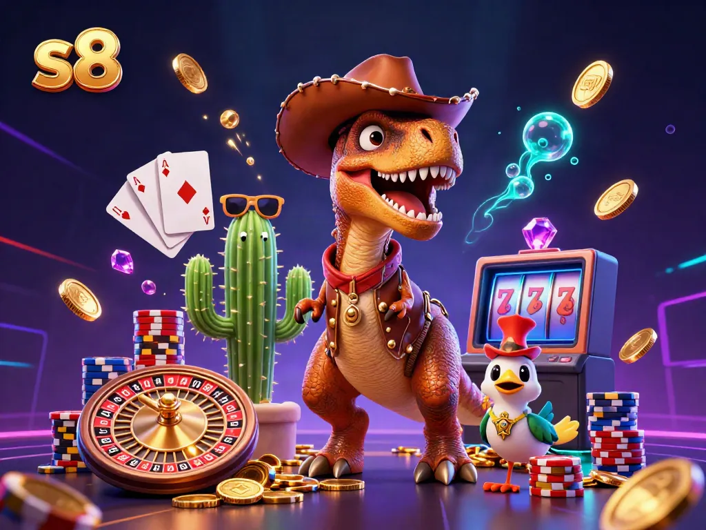 Engage in thrilling gaming action at s8, featuring vibrant characters like a T-Rex cowboy and dazzling casino elements.