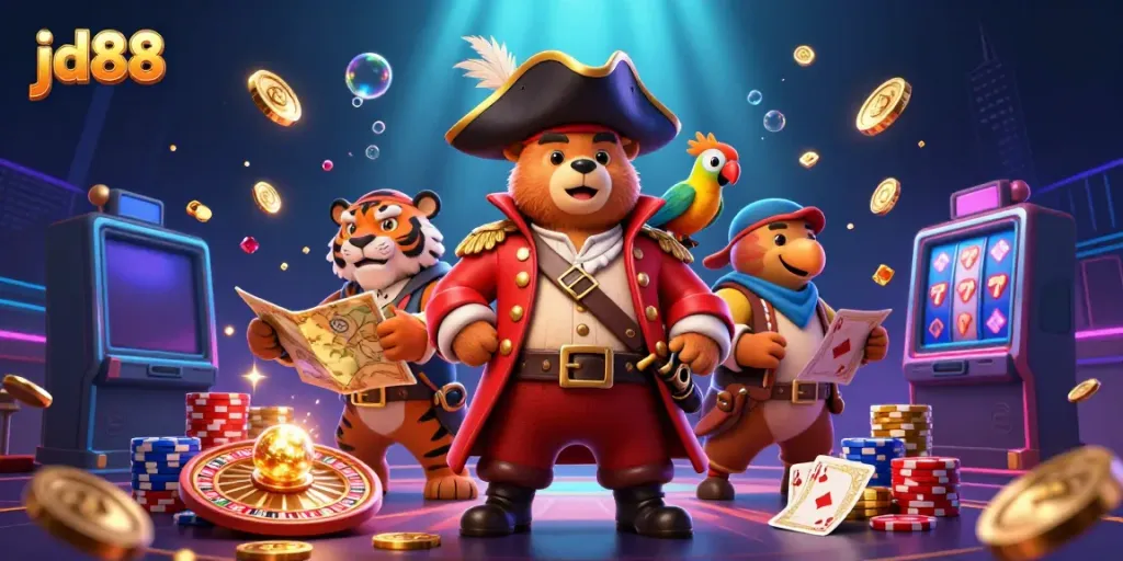 Engage in thrilling casino fun with jd88 - a vibrant scene featuring a bear, tiger, and treasures.