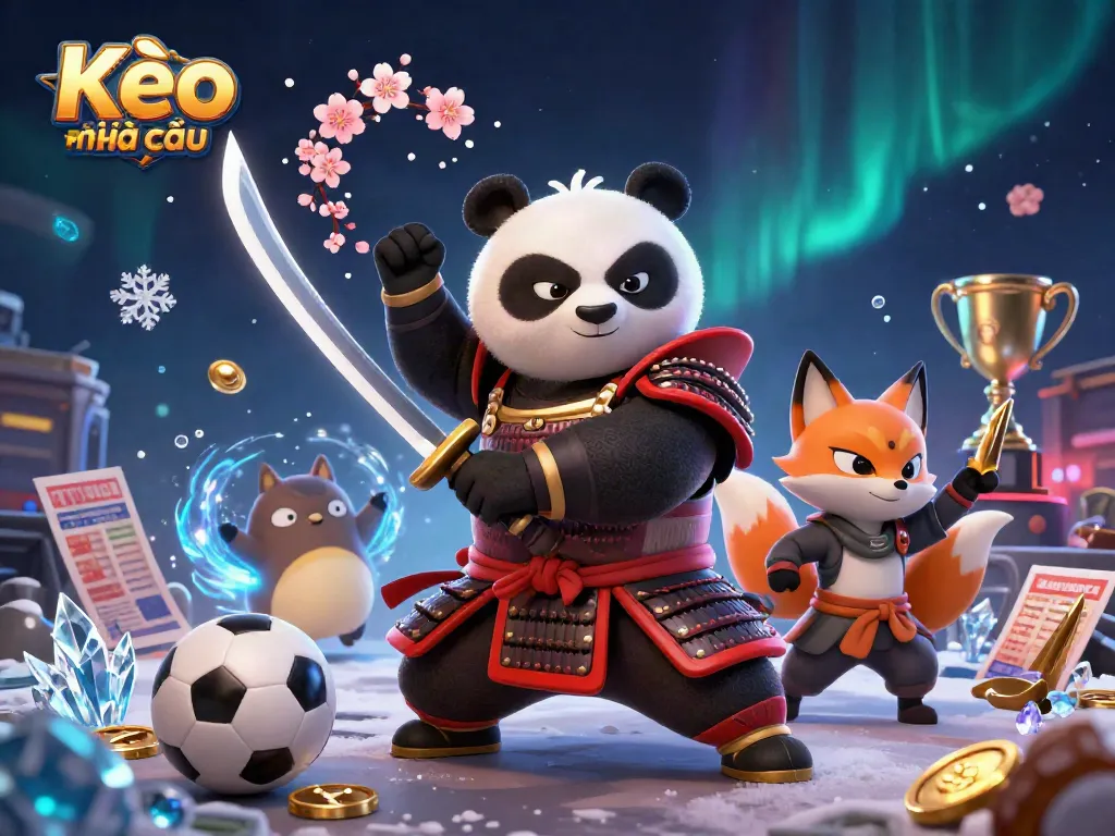 Engage with Kèo nhà cái through a dynamic scene featuring a samurai panda and a ninja fox in a sports betting setting.