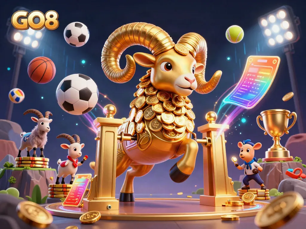Experience the thrilling action of GO8 with a dynamic golden ram charging through a golden gate, surrounded by energetic sports elements.