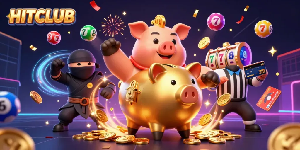 Experience excitement with HITCLUB's vibrant jackpot scene, featuring golden piggy bank and casino elements.