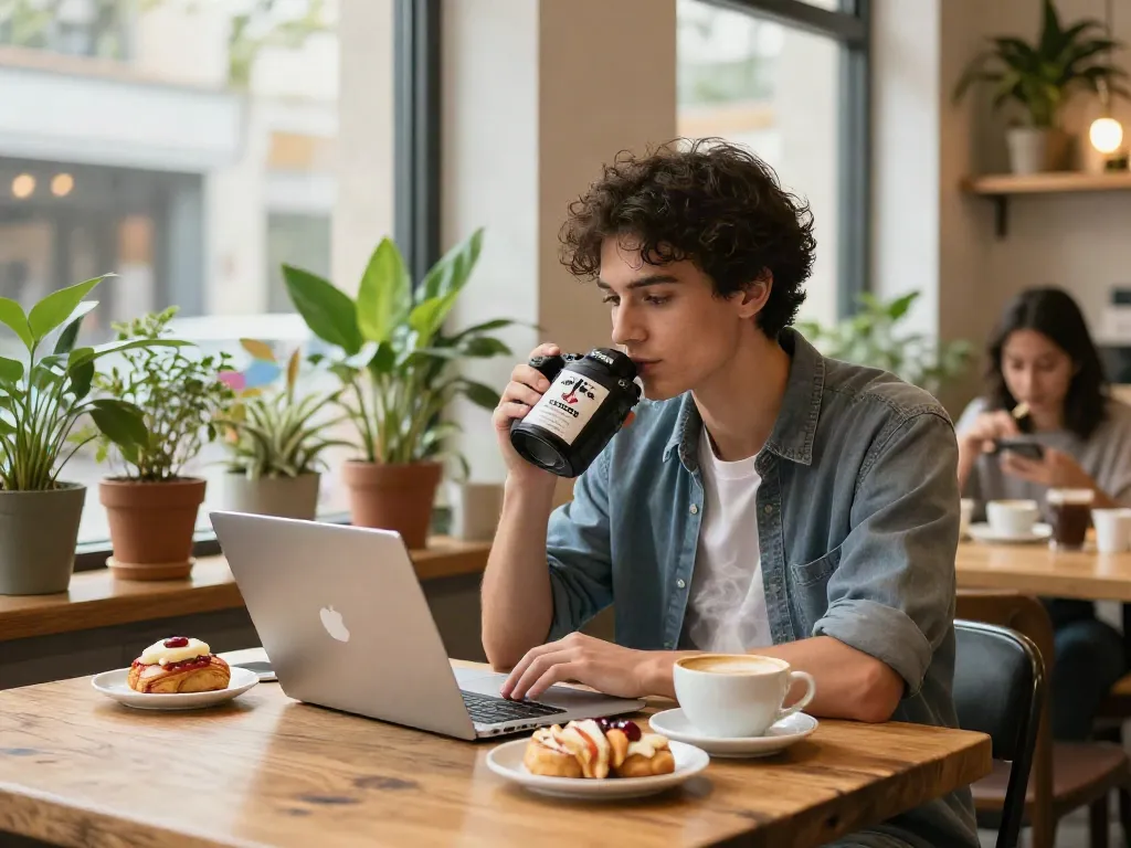 Stylish young adult enjoying ROKOK88 product at a cozy café, exuding relaxed charm.