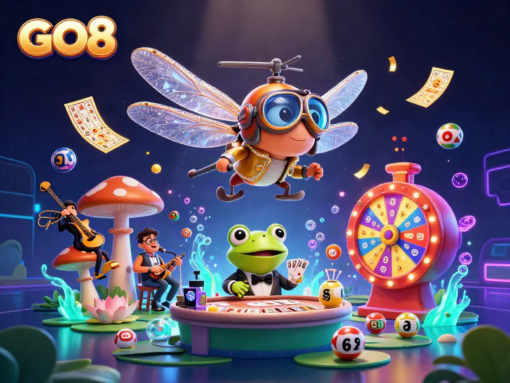 Experience the excitement of GO8 with a vibrant casino scene featuring a dragonfly pilot and frog dealer.