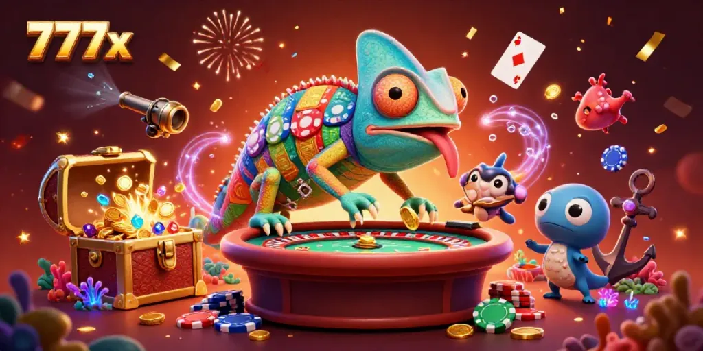 Experience vibrant gaming excitement with 777x as the chameleon casino owner delights in golden coins and treasures.