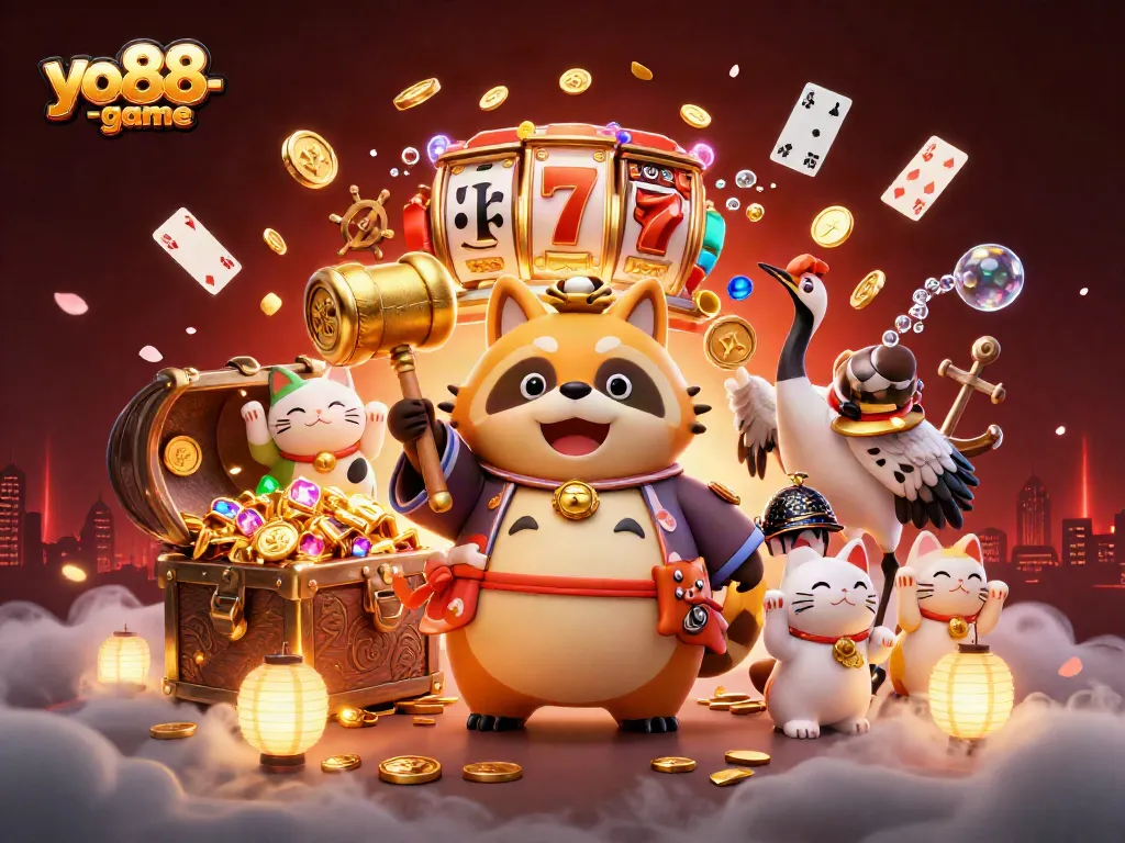 Experience thrilling gameplay at yo88-game with cheerful characters and vibrant casino elements in a dynamic fantasy scene.