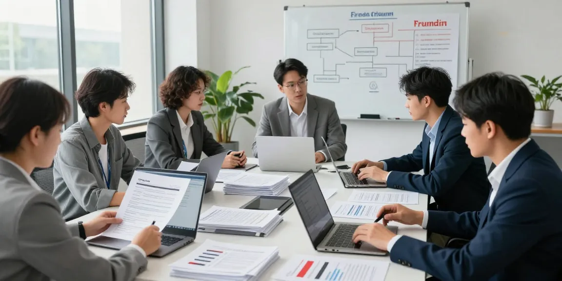 Dynamic team tackling document fraud detection in professional office, showcasing collaborative analysis and strategic planning.