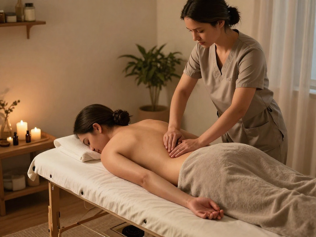 Professional 출장마사지 being provided in a serene home environment with calming decor.
