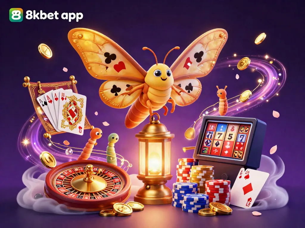 Experience the excitement of the 8xbet app in a vibrant 3D casino illustration with golden wings and vibrant game elements.