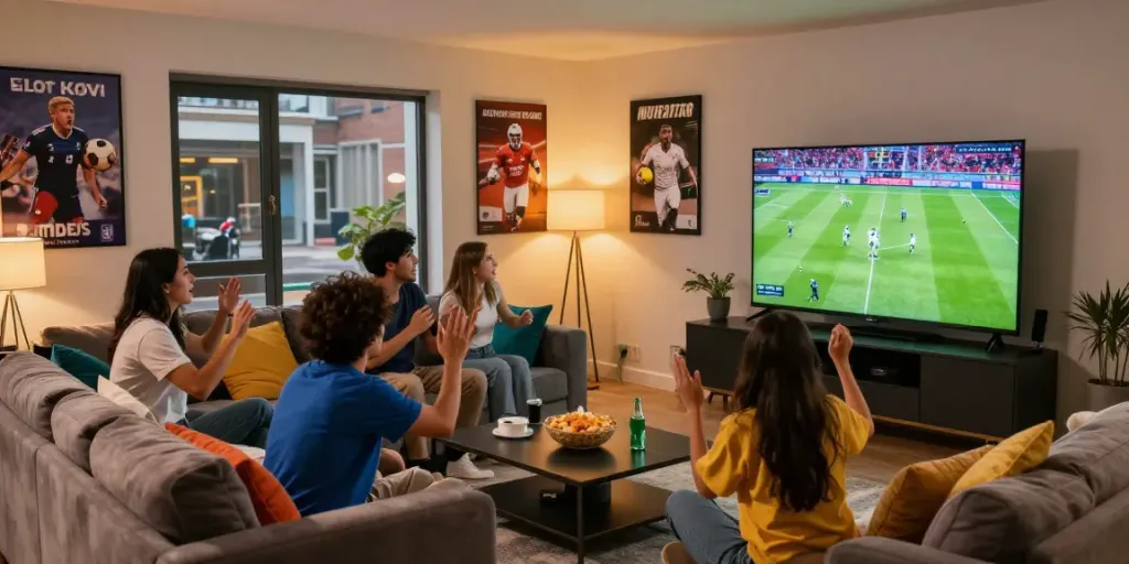 Friends enjoying a football match together at home, showcasing thapcamtv's vibrant sports experience.