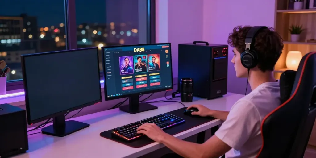 Engaging gaming setup showcasing DA88 online platform with multiple screens and vibrant gaming peripherals.