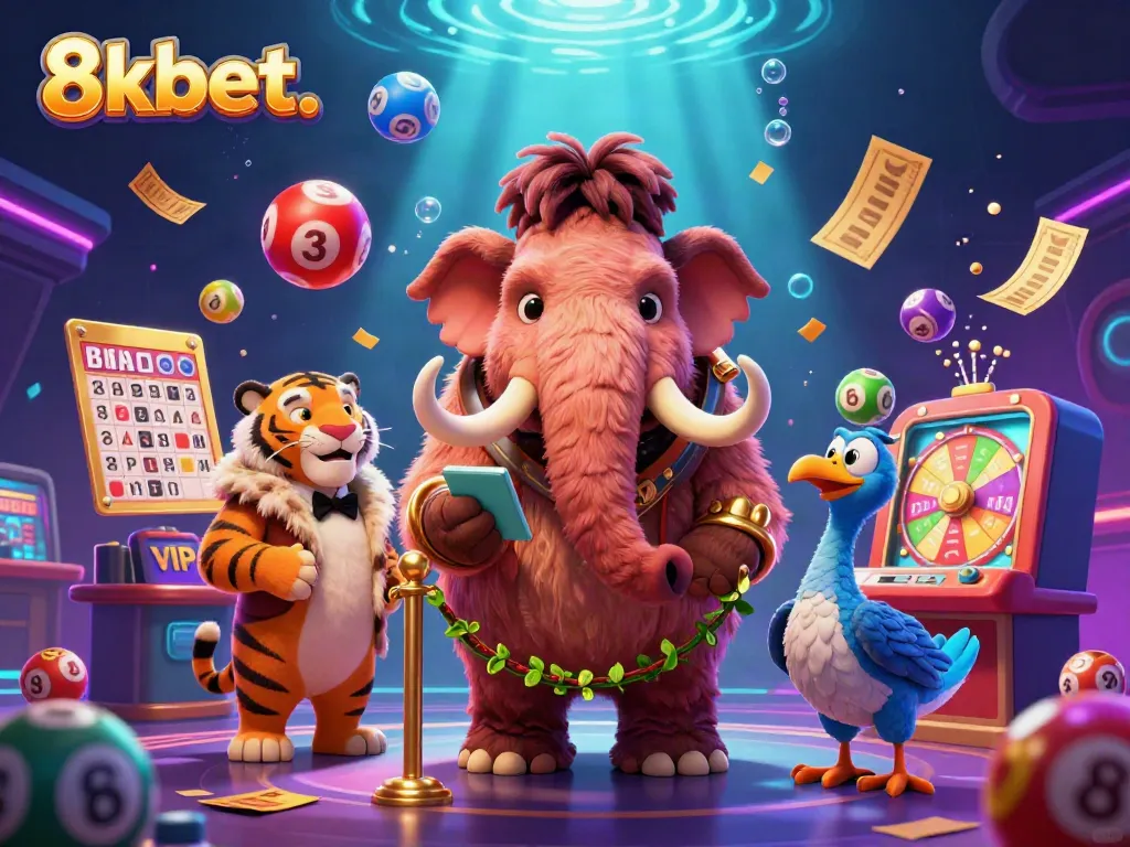 Experience thrilling action with 8xbet. as colorful lottery balls bounce around a vibrant casino scene featuring a bouncer and VIP guests.