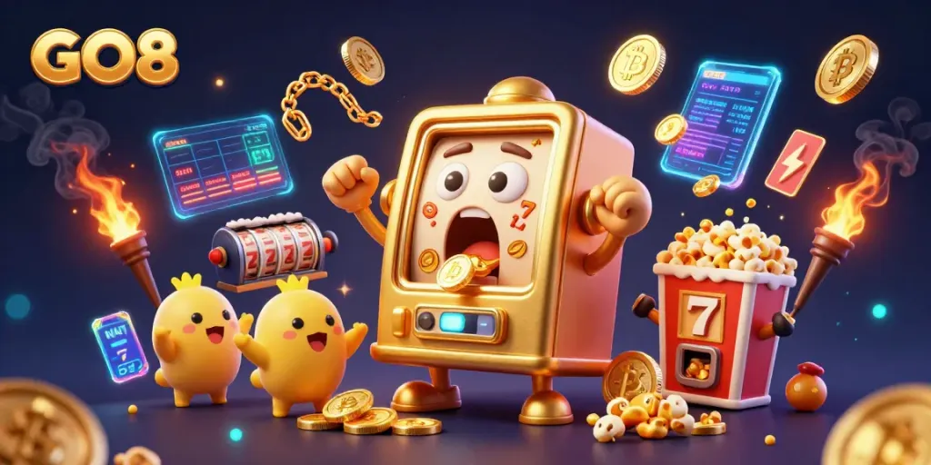 GO8 slot machine hitting a jackpot, showering coins with cheering baby slots around.