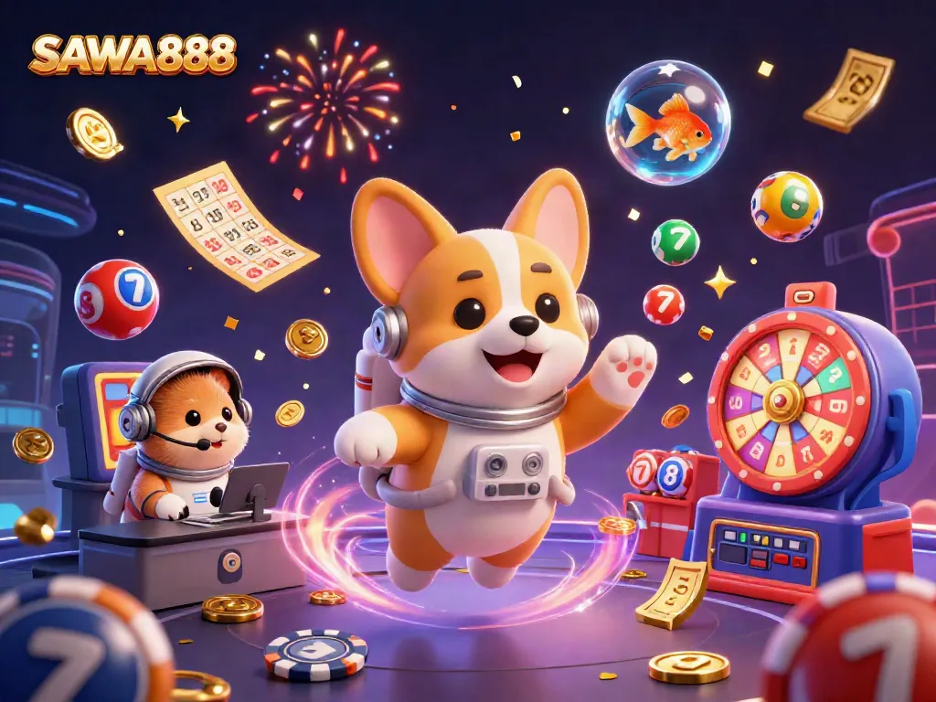 SAWA888 showcases a vibrant 3D floating casino scene with a cartoon astronaut corgi, vibrant game elements, and lively interactions.