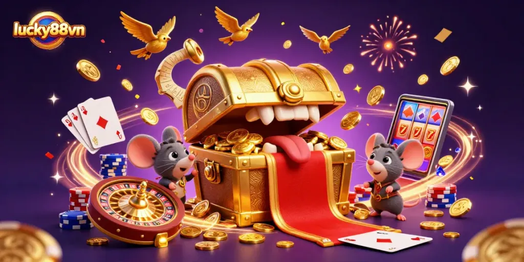 Engage in thrilling gameplay at lucky88vn featuring a golden treasure chest and cascading coins.