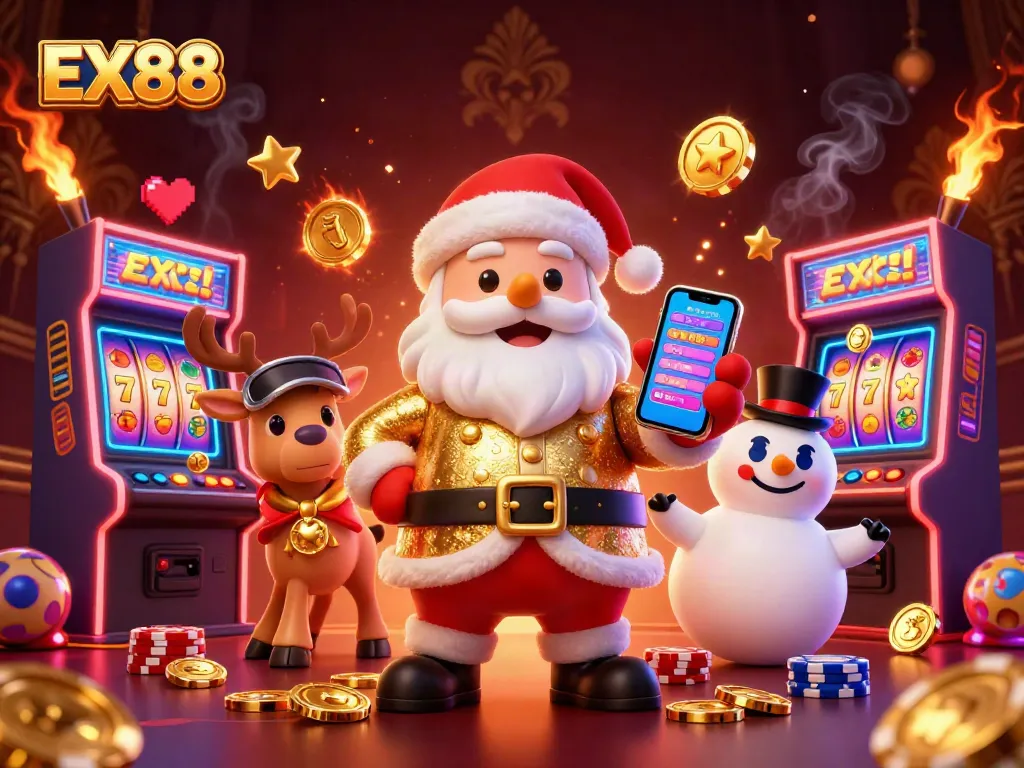 Experience jackpot excitement with EX88 featuring Santa, a reindeer dealer, and a poker chip snowman!